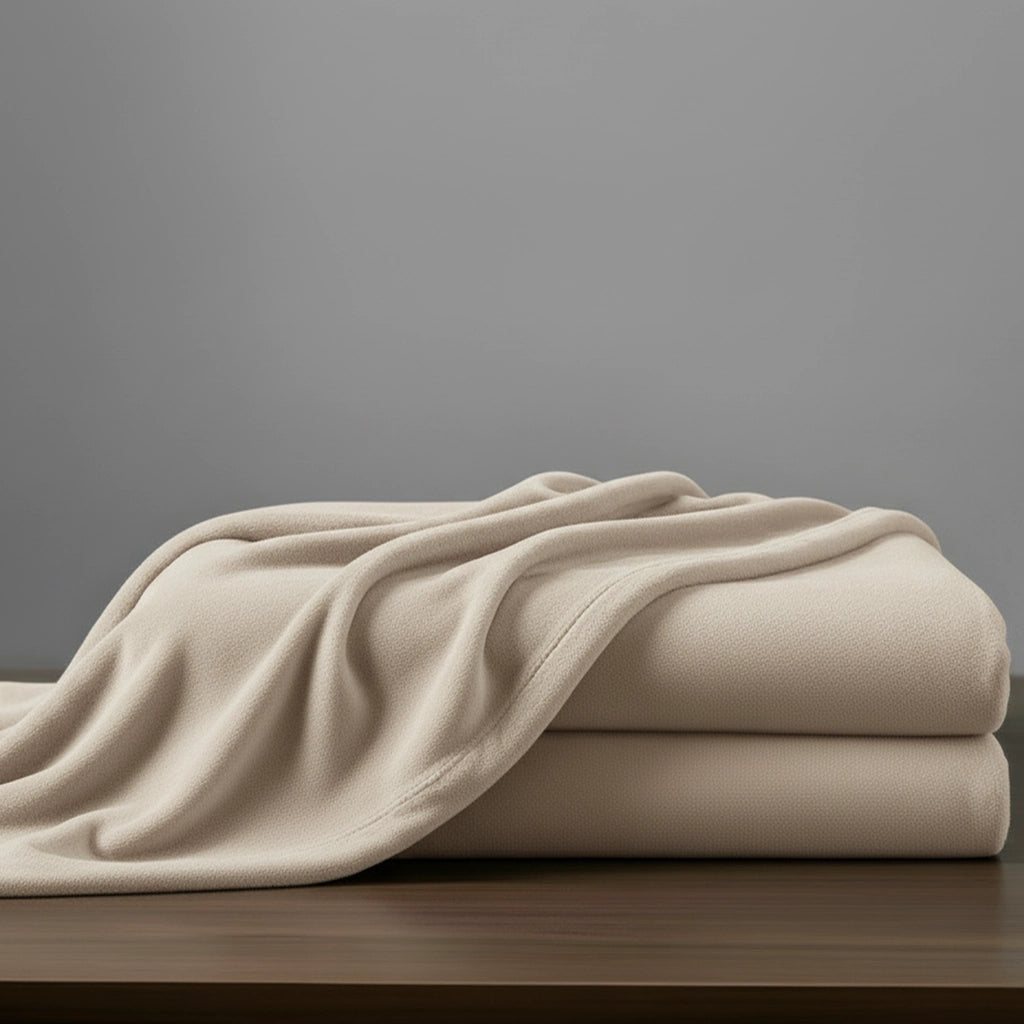 Beige microfibre blanket by Linen and Co, neatly folded to showcase soft, plush texture for hospitality and home.