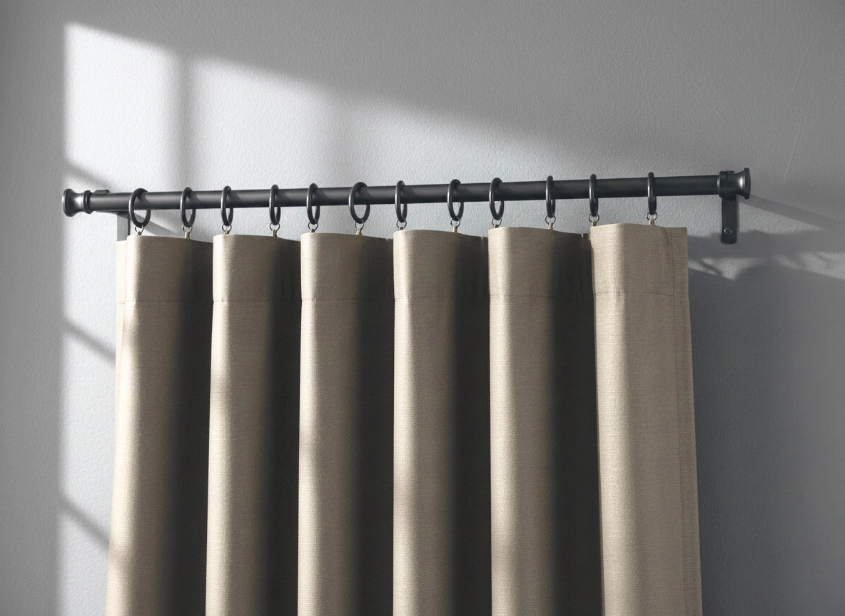 Black curtain rod with rings and stone curtains, premium quality for hospitality and residential interiors by Linen and Co