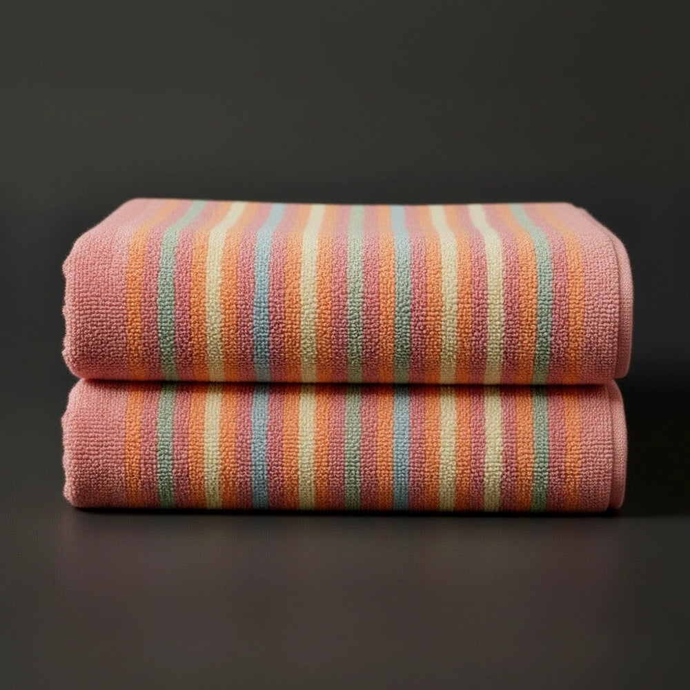 Pink Multicolour Velour striped beach towels stacked - premium hospitality pool linen by Linen and Co