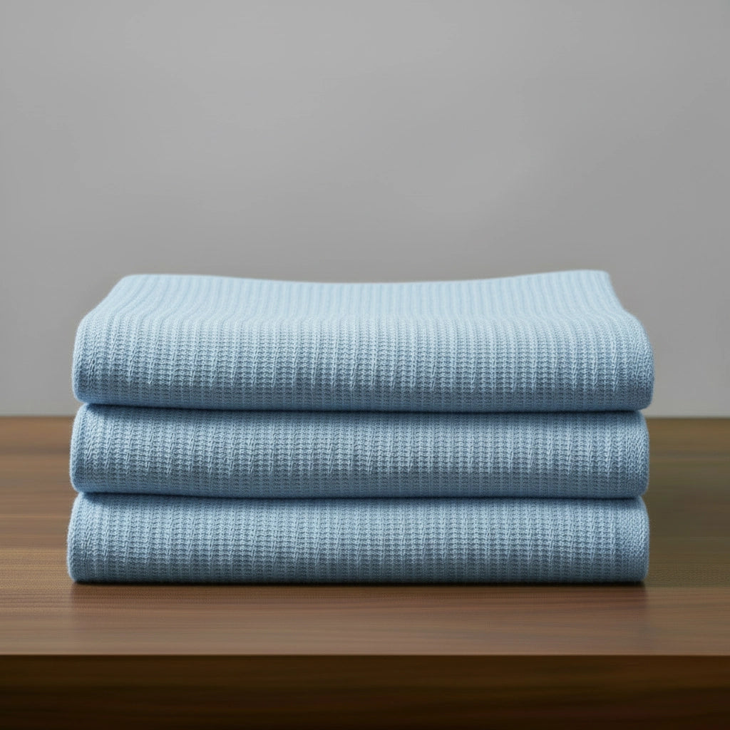 Blue cotton cellular blanket by Linen and Co, neatly folded to showcase breathable cellular knit texture for hospitality and home.