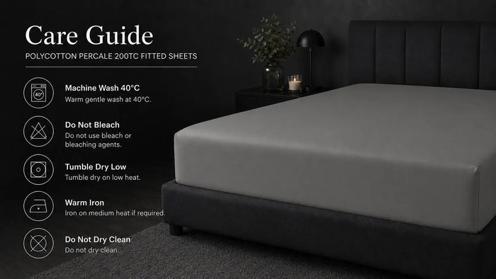 Care notes imagery for Grey Polycotton 200TC Fitted Sheet
