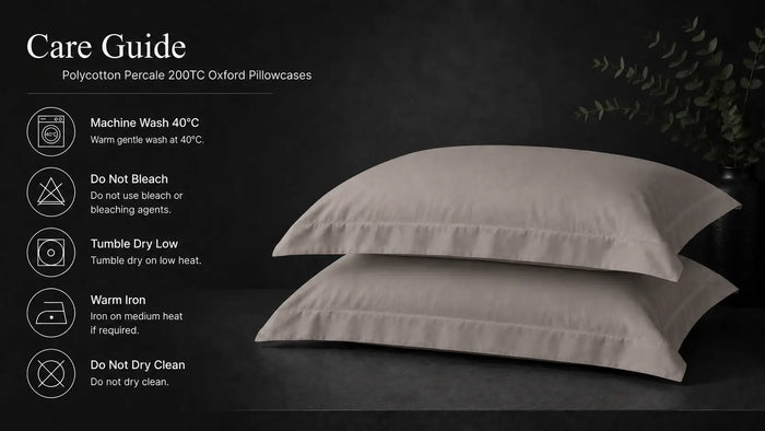 Care notes imagery for Stone Polycotton 200TC Oxford Pillow Case