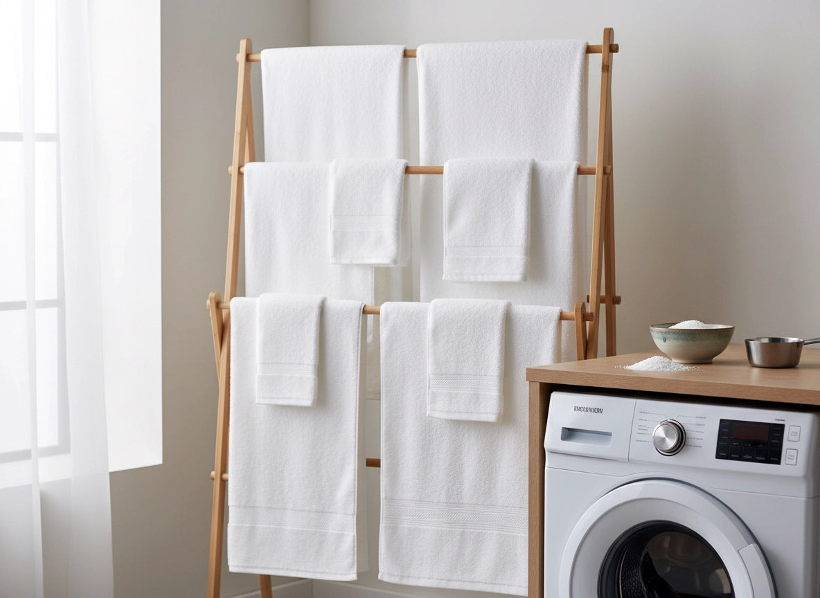  Hospitality bath towels and linens by Linen and Co, featuring premium white towels displayed near a washing machine for luxury hotel care