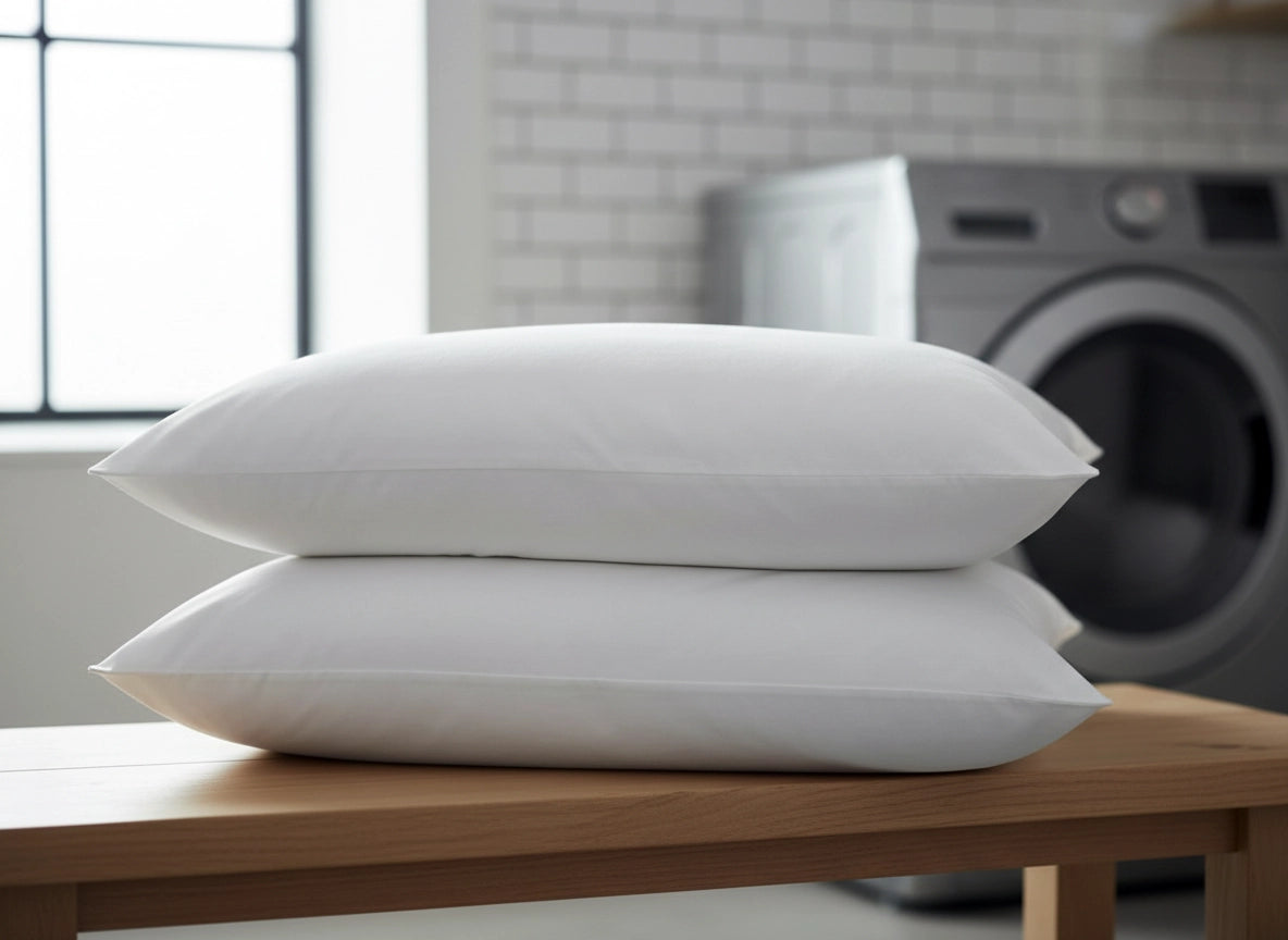White hotel pillows in a laundry room setting, hospitality bedding care and maintenance guide