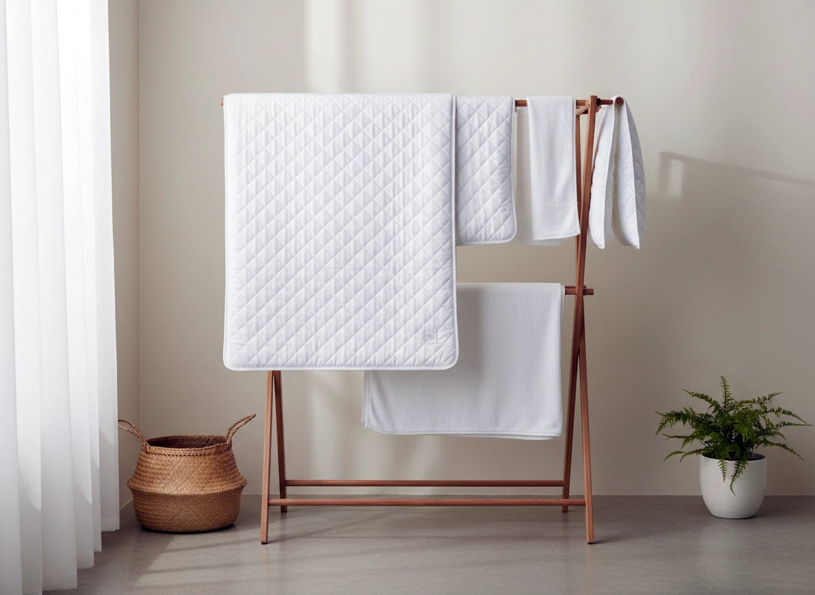 Hospitality mattress and pillow protectors by Linen and Co, featuring premium quilted white protectors displayed on a wooden rack