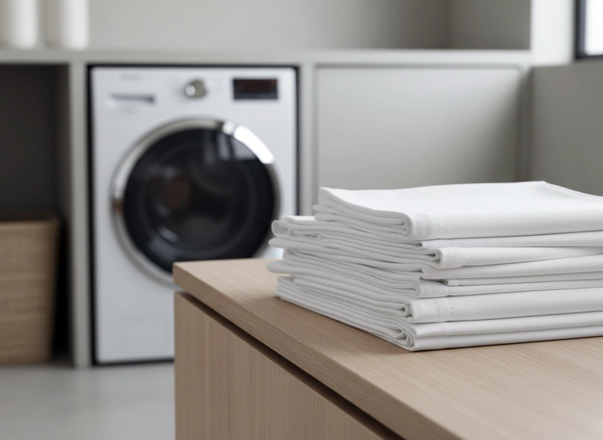 White hotel table linen in a laundry room setting, hospitality bedding care and maintenance guide