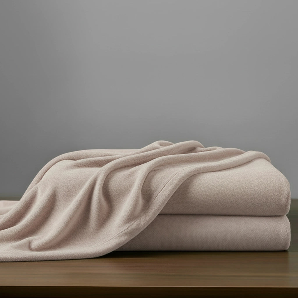 Cashmere microfibre blanket by Linen and Co, neatly folded to showcase soft, plush texture for hospitality and home.