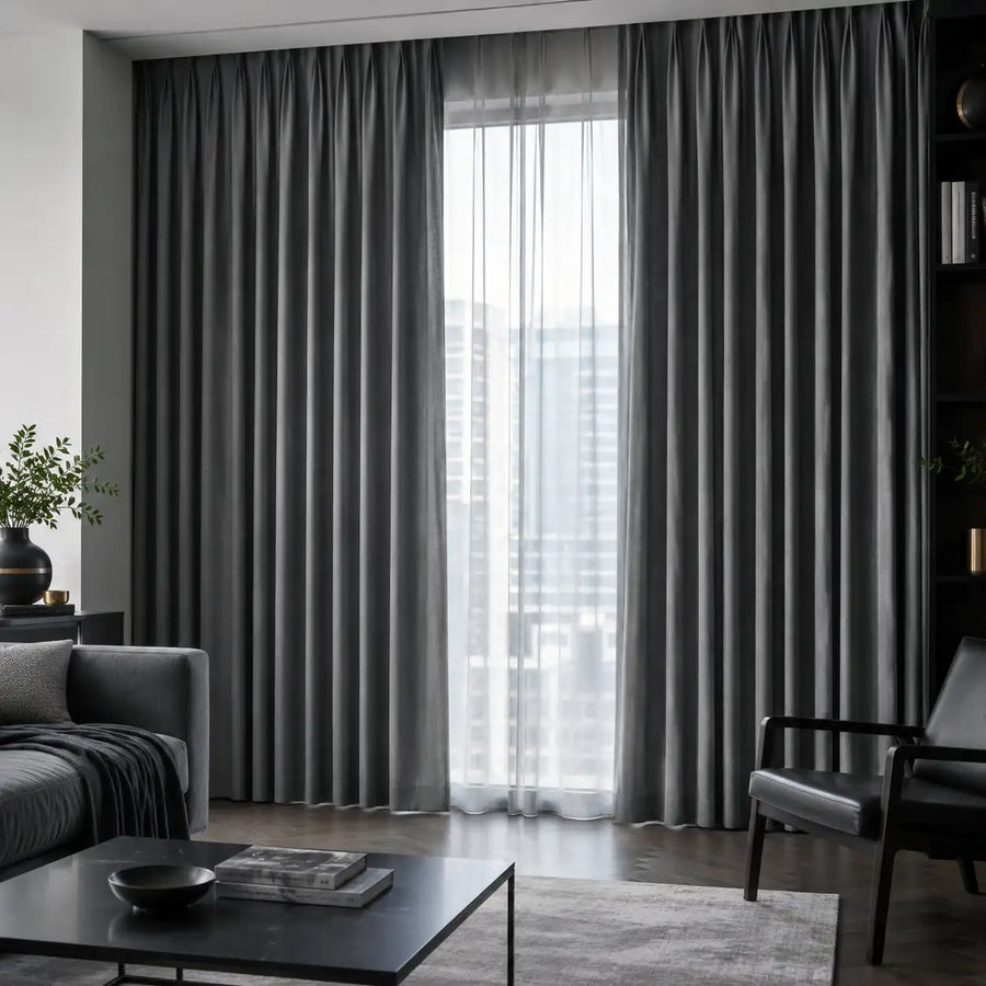 Smoke blockout curtains add depth, privacy and stronger light control to a contemporary living room.