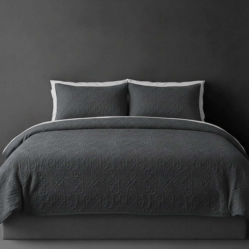 Charcoal French Velvet bedspread on bed by Linen and Co - luxury hospitality bedspread with textured finish