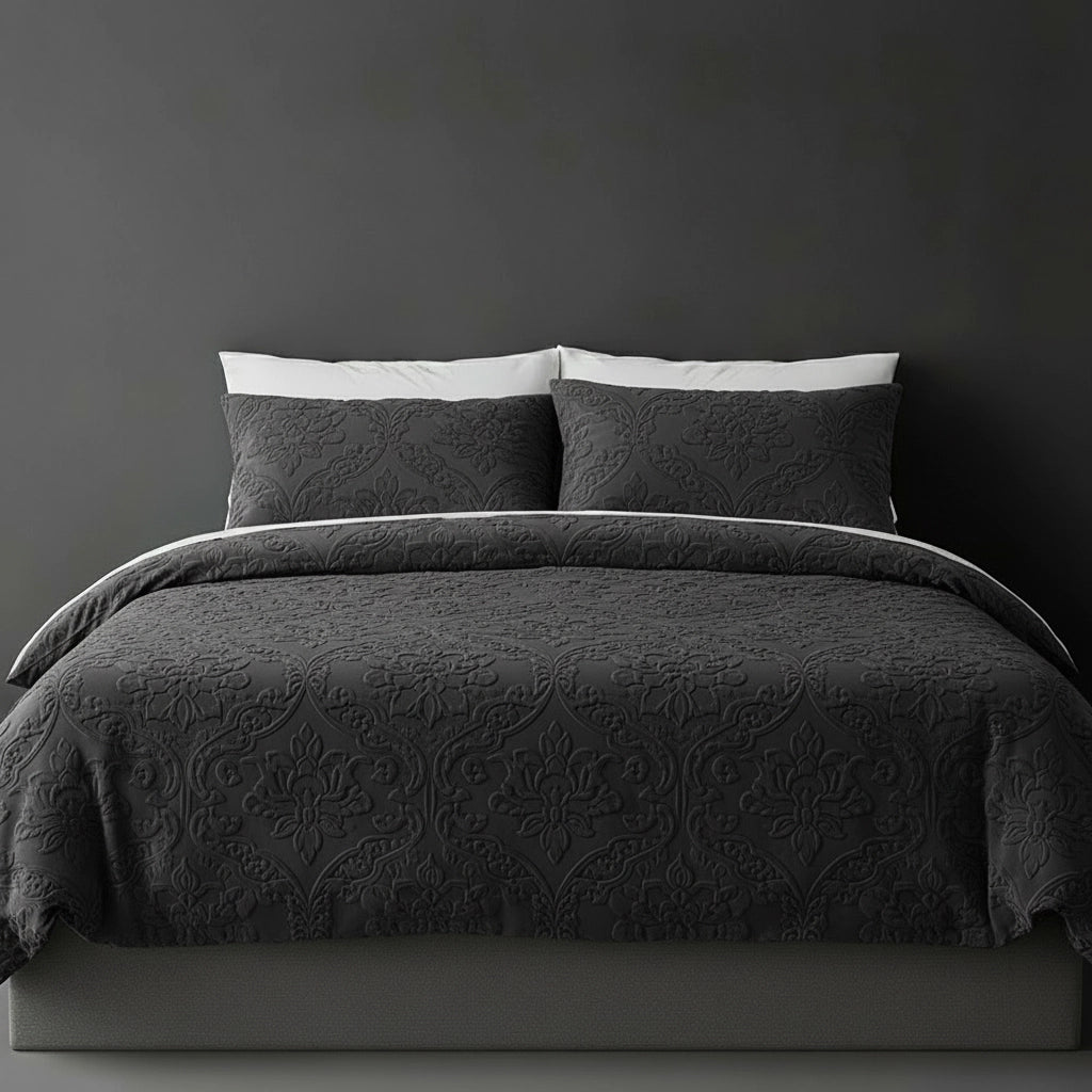 Charcoal Melissa bedspread on bed by Linen and Co - luxury hospitality bedspread with textured finish