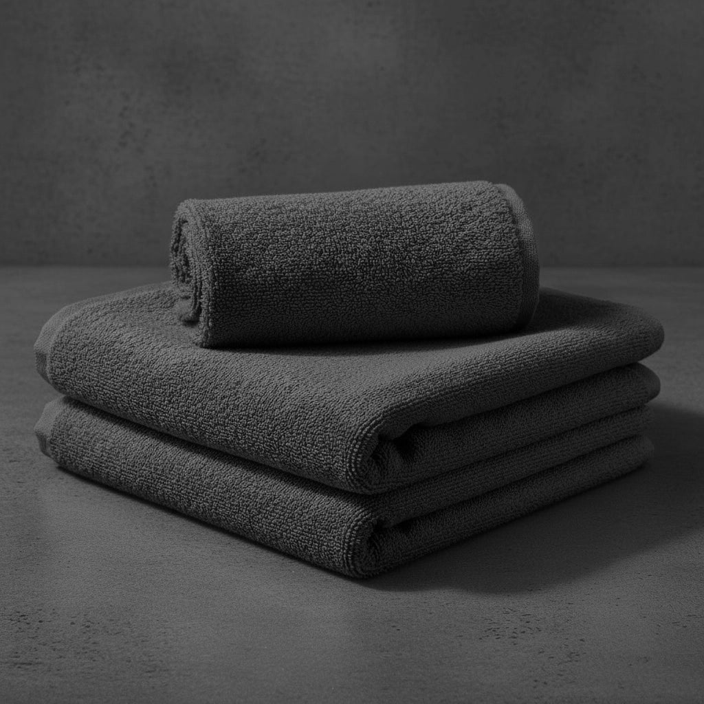 Charcoal Grey hotel collection bath towels stacked - premium hospitality bath linen by Linen and Co