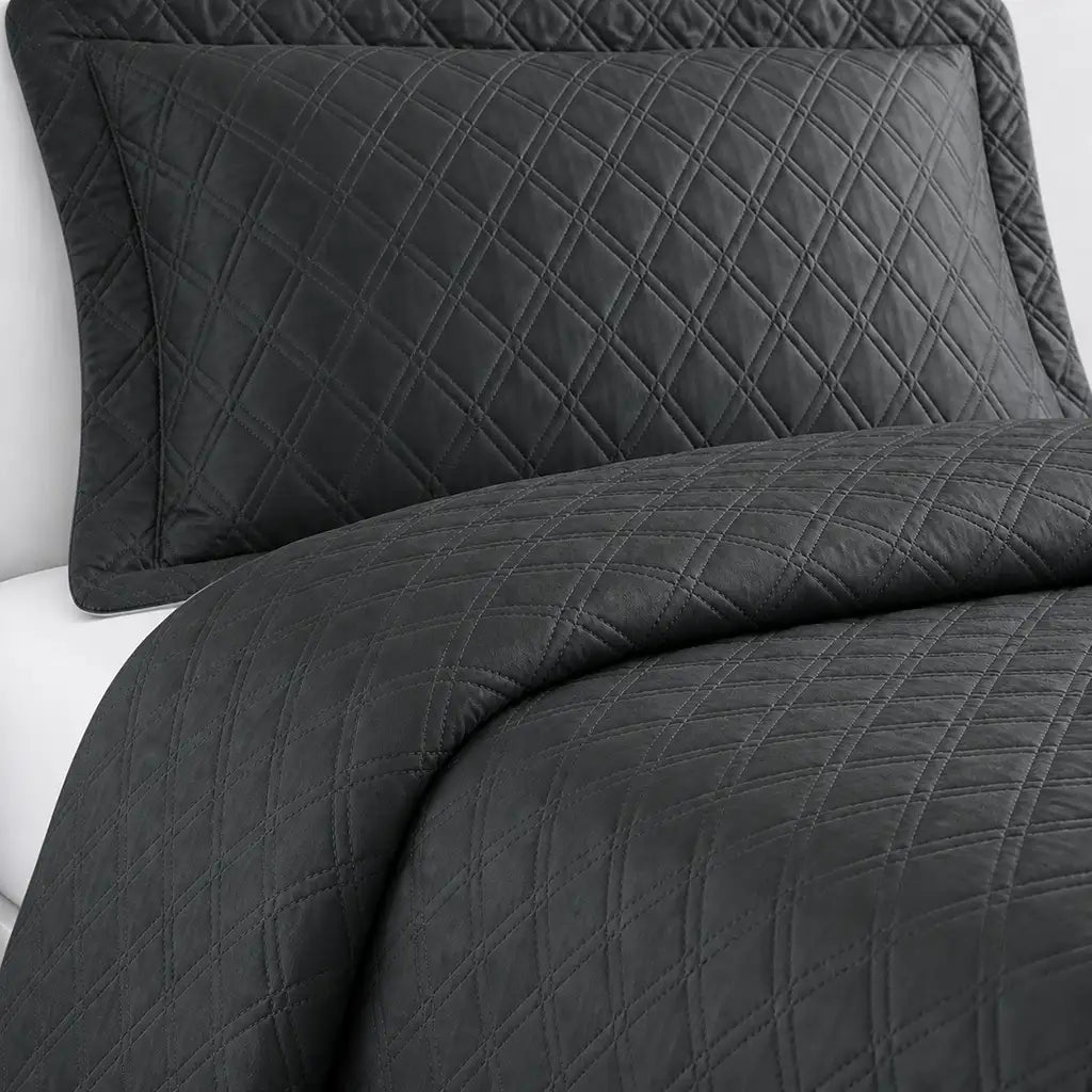 Charcoal Stanford Quilted Bedspread Set - Close-up detail by Linen and Co