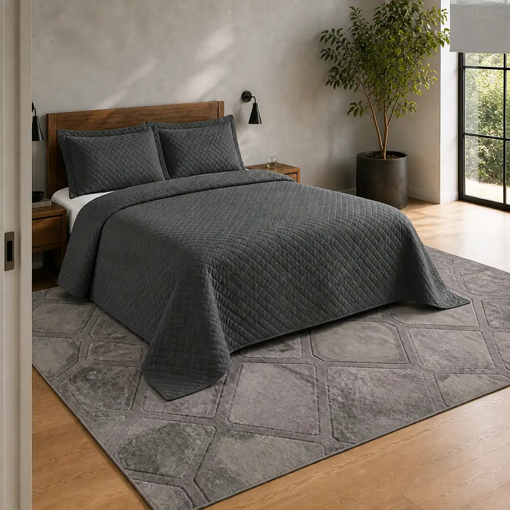 Charcoal Stanford Quilted Bedspread Set - Hero room view by Linen and Co