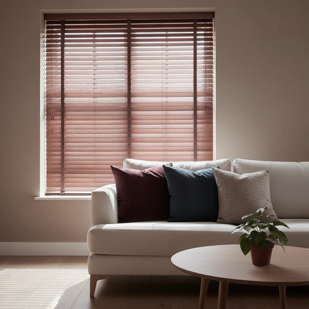 Cherry wood 50mm Venetian blinds in a modern living room, designed for light control and privacy by Linen and Co