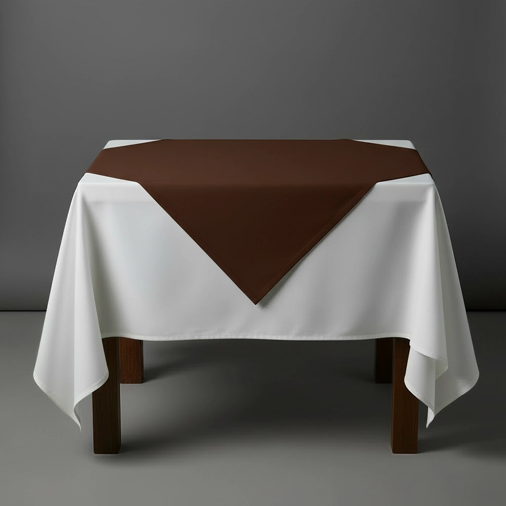 Chocolate brown overlay on a white table cloth by Linen and Co - premium hospitality 