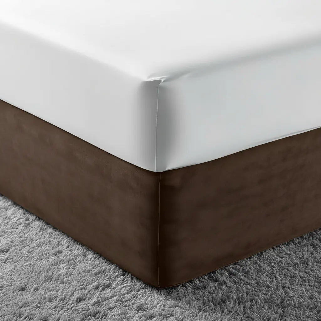  Linen and Co chocolate brown mock suede base wrap fitted to a bed base with a tailored finish