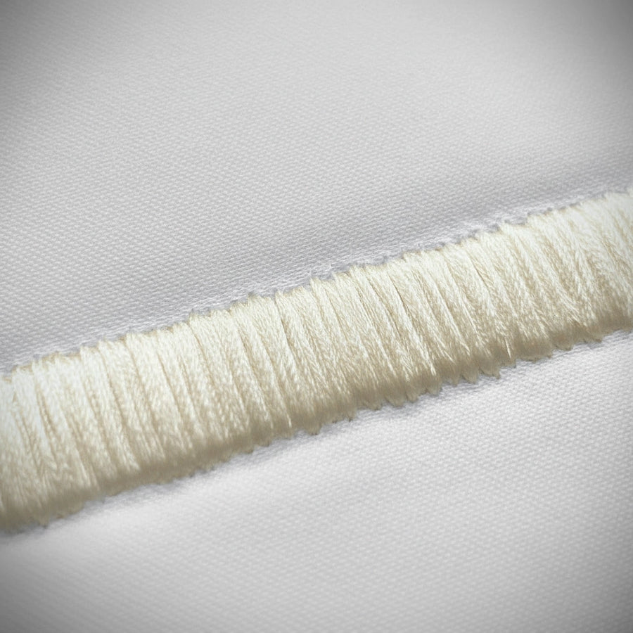 Close-up of cream satin stitch detail on white percale by Linen and Co 
