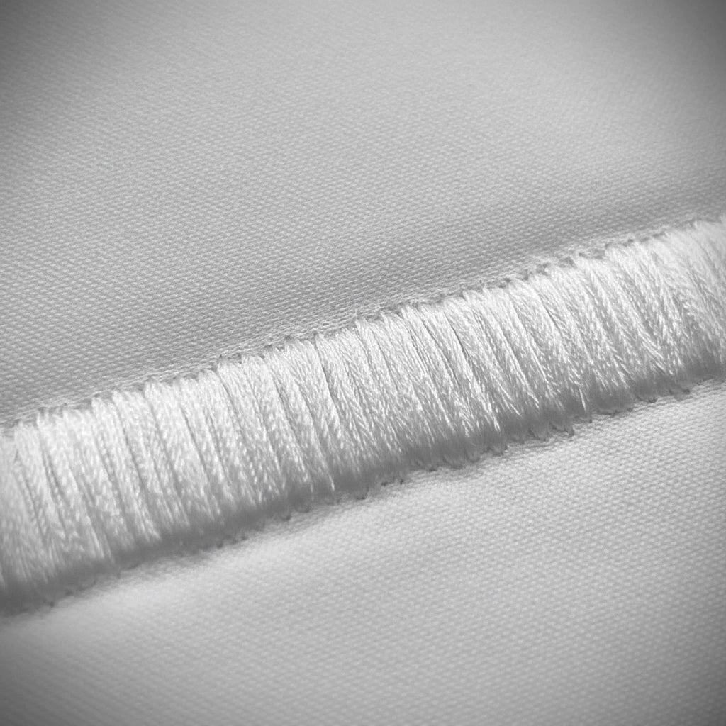 Close-up of white satin stitch detail on white percale by Linen and Co 