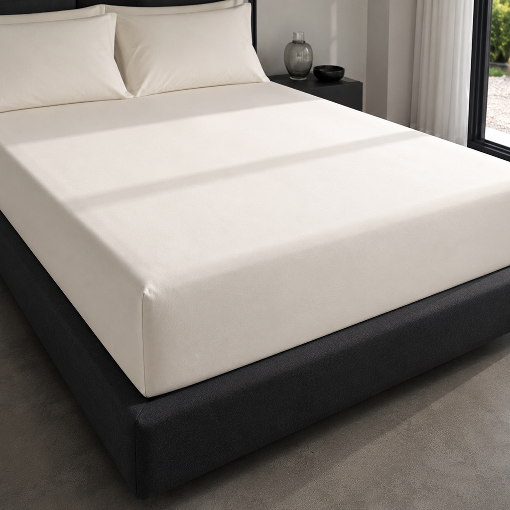 Cream Cotton Percale 200TC Fitted Sheets on mattress - Linen and Co
