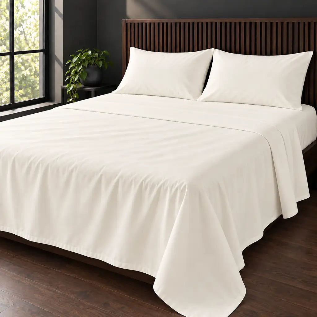 cream cotton percale 200tc flat sheet, plain no satin stitch — hero — Linen and Co