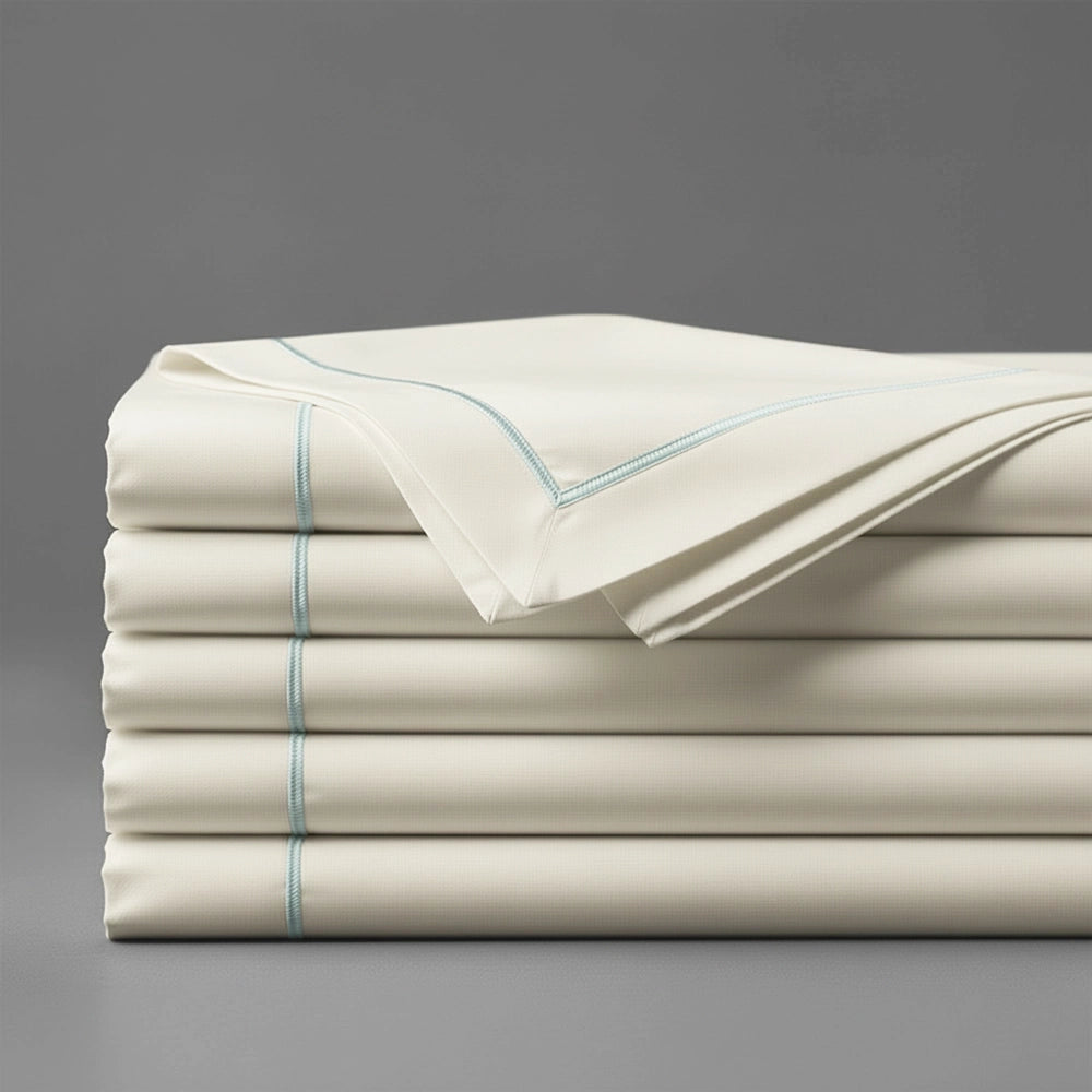 Cream Flat Sheet with Duck Egg Satin Stitch by Linen and Co - premium bed linen