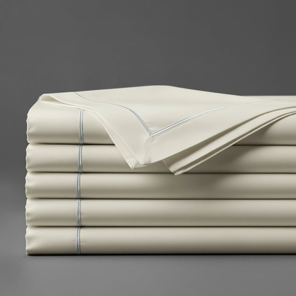 Cream Flat Sheet with Grey Satin Stitch by Linen and Co - premium bed linen