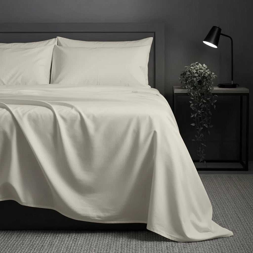 Cream flat sheet in hotel setting by Linen and Co - premium hospitality bed linen