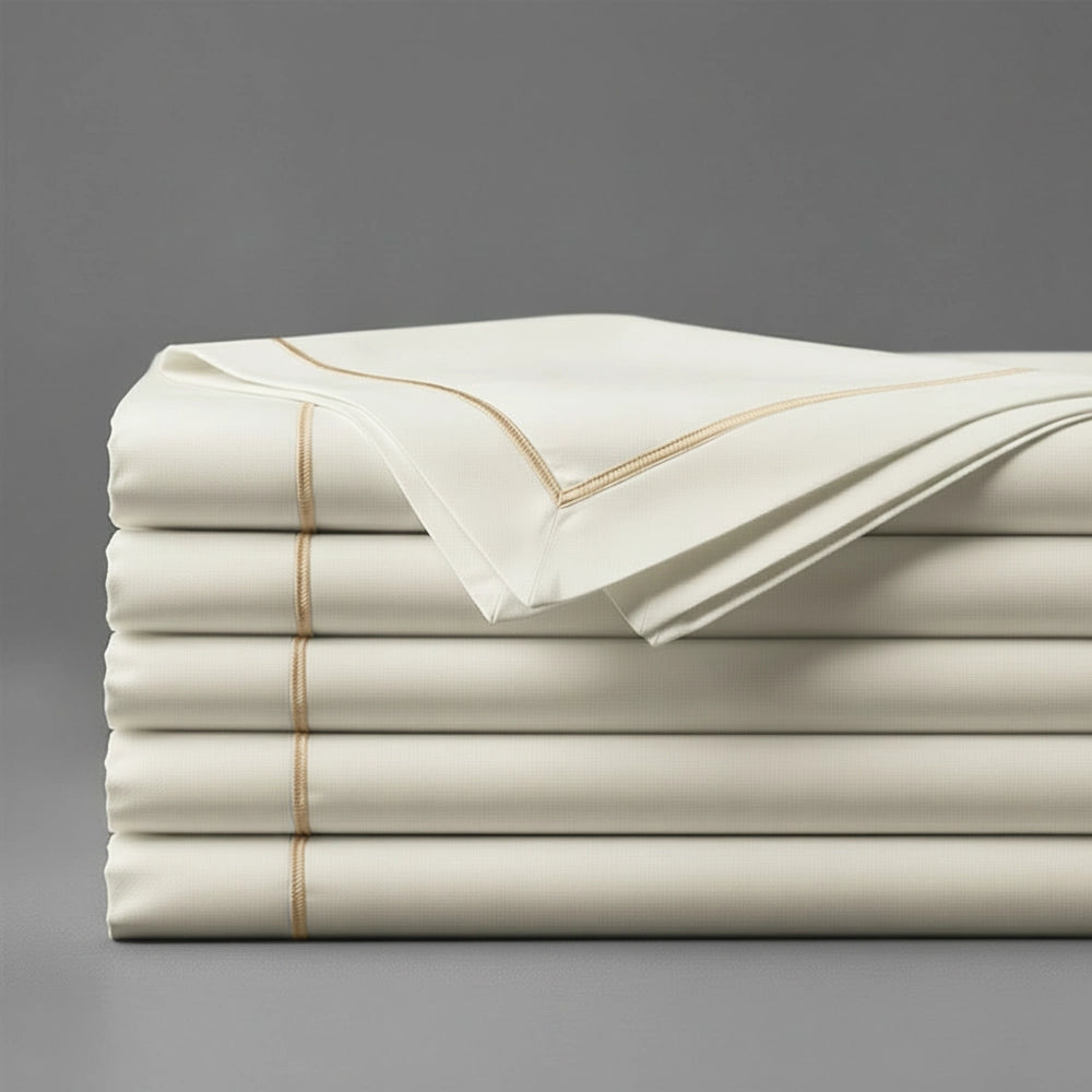 Cream Flat Sheet with Stone Satin Stitch by Linen and Co - premium bed linen