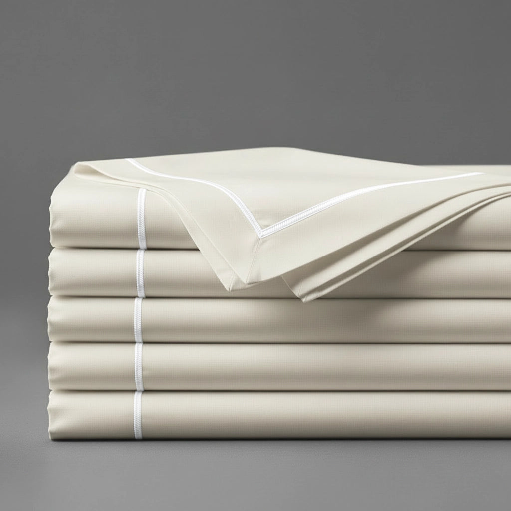 Cream Flat Sheet with White Satin Stitch by Linen and Co - premium bed linen