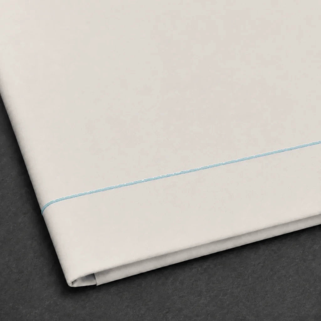 Ivory Cream Flat Sheet with Duck Egg one-row satin stitch - satin stitch close-up - Linen and Co