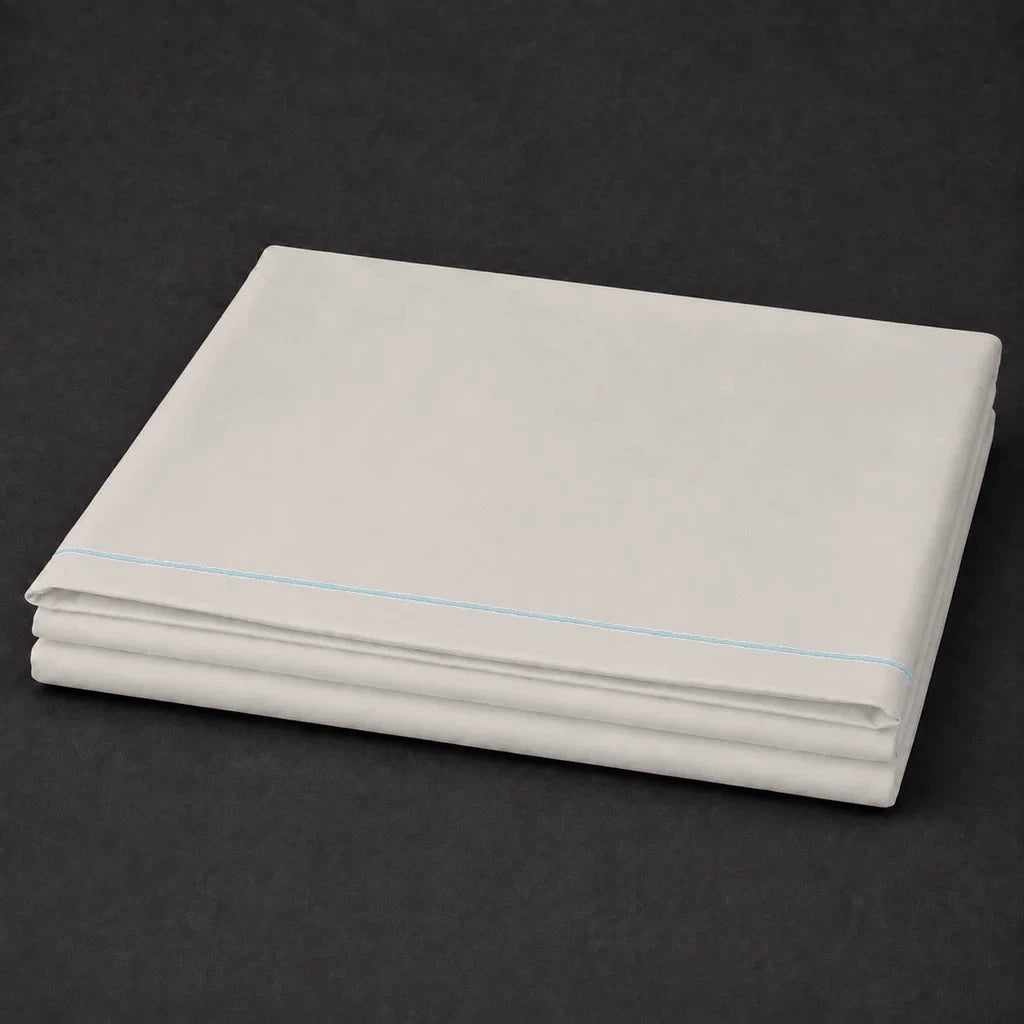 Ivory Cream Flat Sheet with Duck Egg one-row satin stitch - folded - Linen and Co