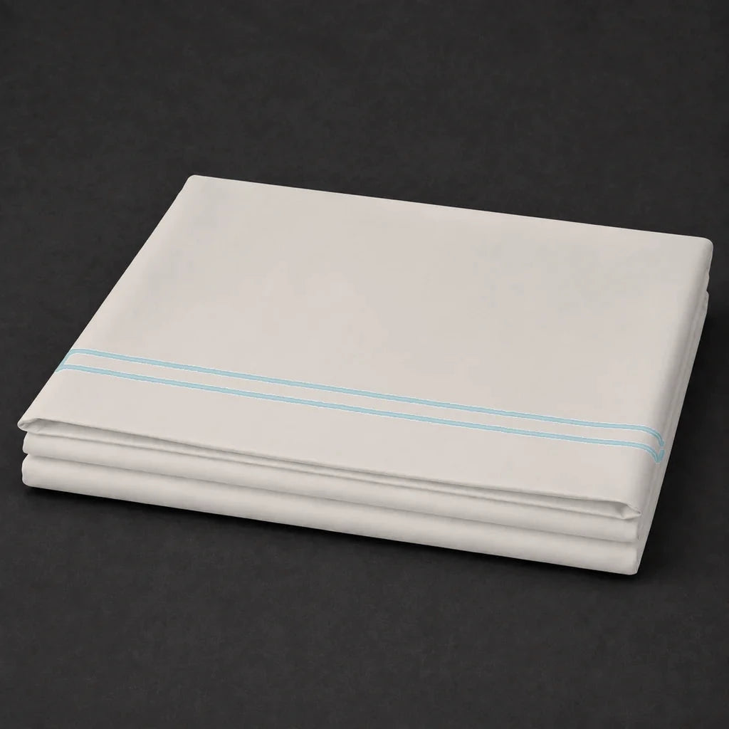 Ivory Cream Flat Sheet with Duck Egg two-row satin stitch - folded - Linen and Co