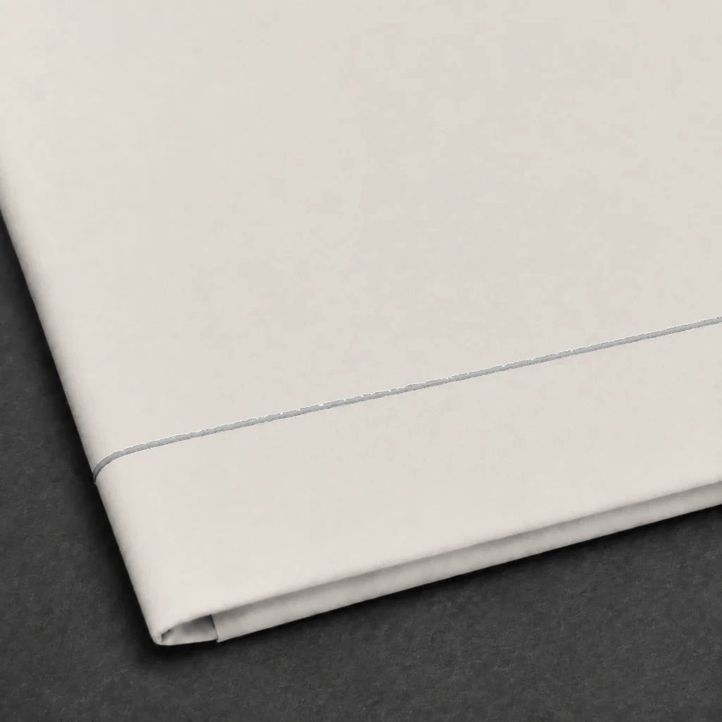 Ivory Cream Flat Sheet with Grey one-row satin stitch - satin stitch close-up - Linen and Co