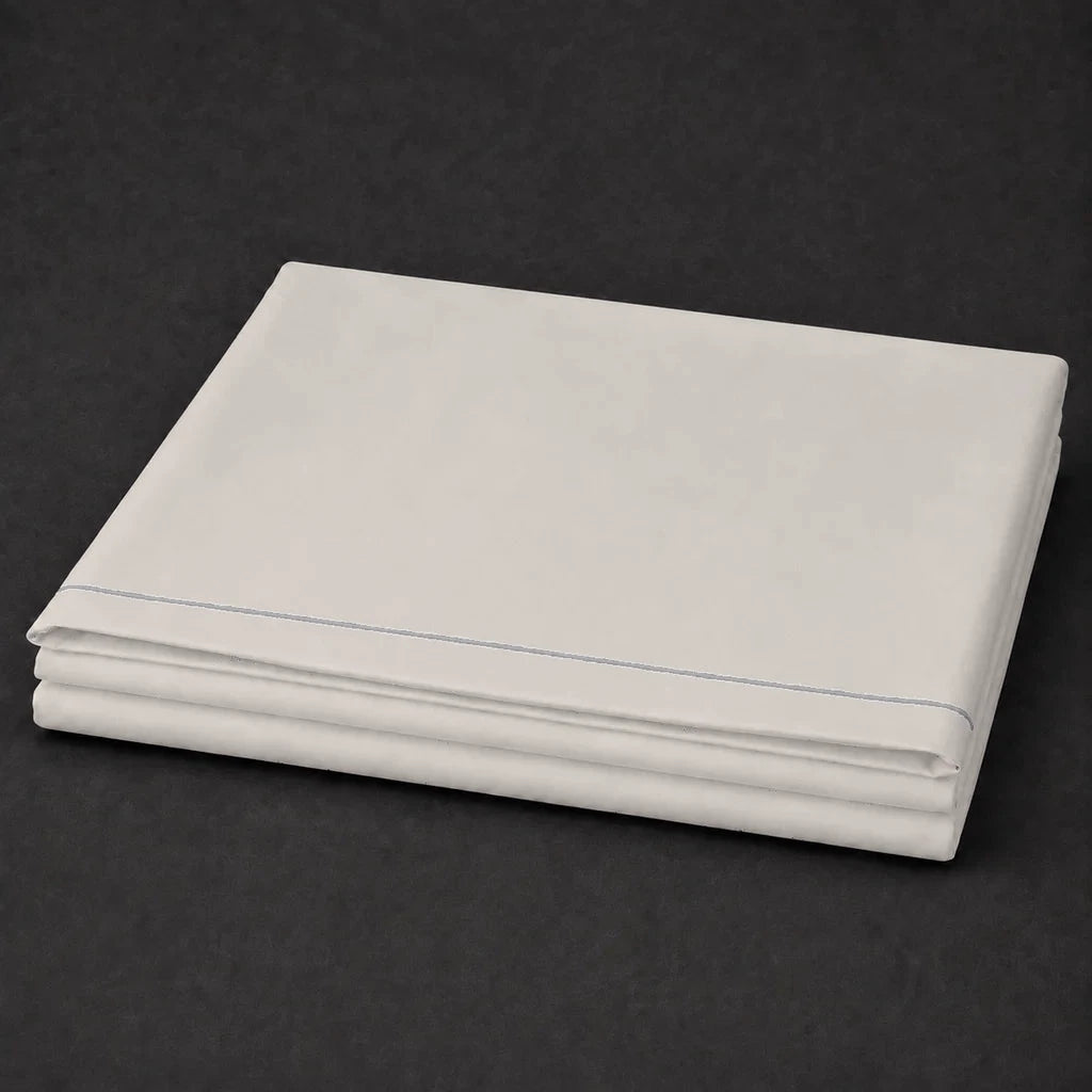 Ivory Cream Flat Sheet with Grey one-row satin stitch - folded - Linen and Co