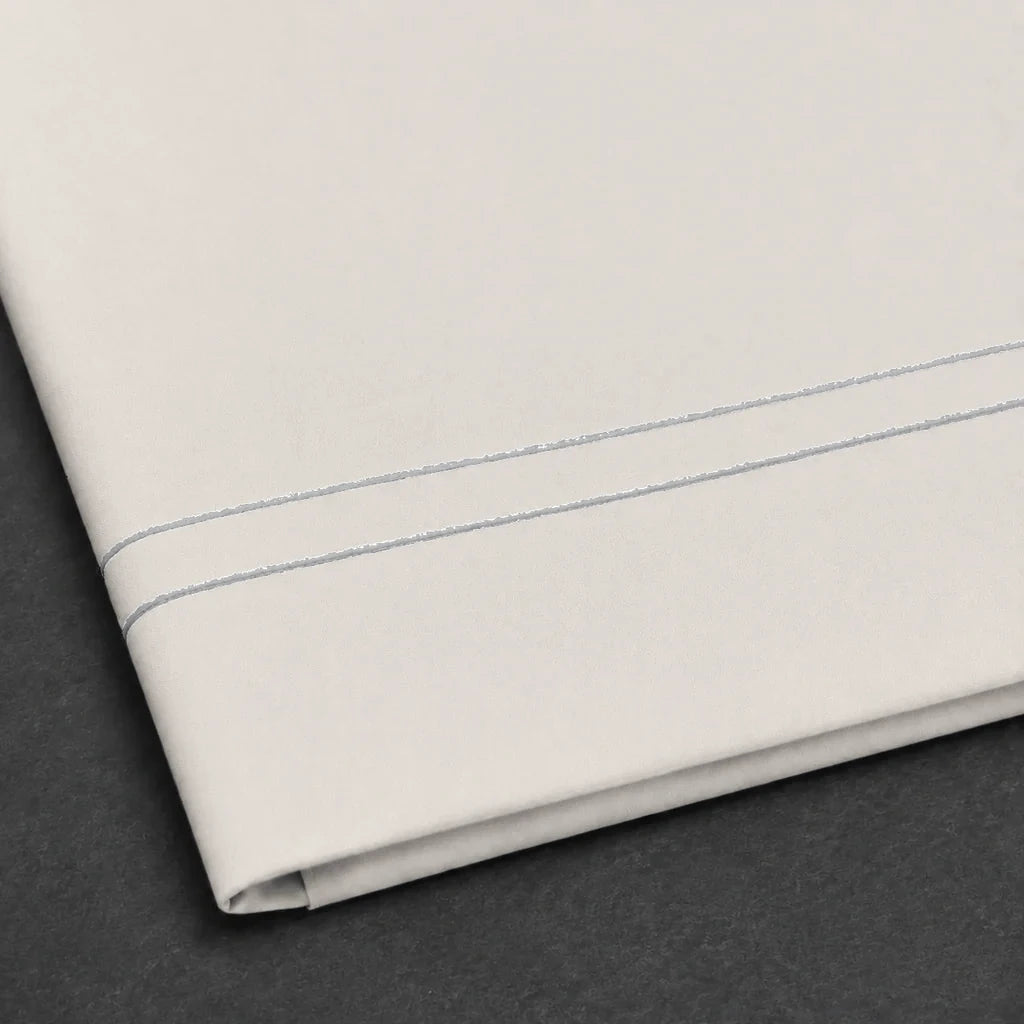 Ivory Cream Flat Sheet with Grey two-row satin stitch - satin stitch close-up - Linen and Co