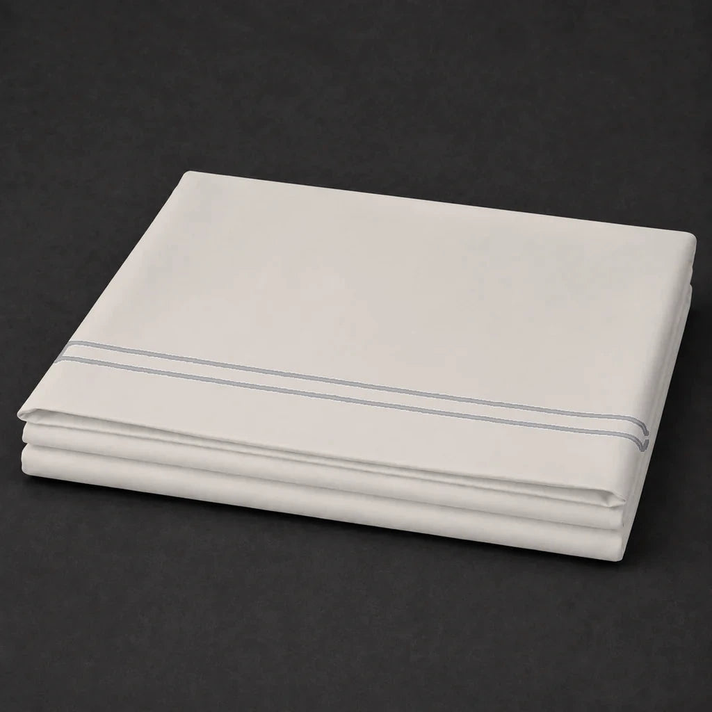 Ivory Cream Flat Sheet with Grey two-row satin stitch - folded - Linen and Co