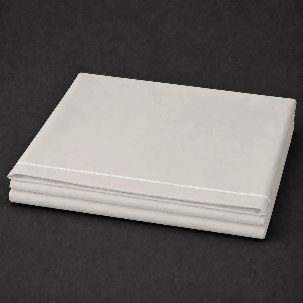 Ivory Cream Flat Sheet with White one-row satin stitch - folded - Linen and Co