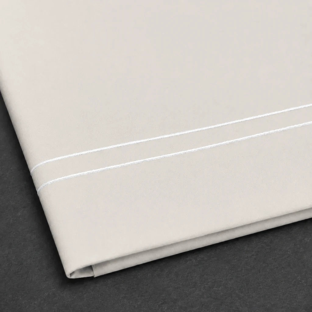 Ivory Cream Flat Sheet with White two-row satin stitch - satin stitch close-up - Linen and Co
