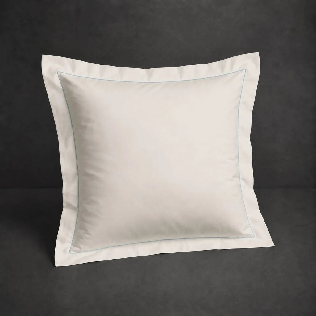 Ivory Cream Oxford Pillow Case, Continental, with Duck Egg one-row satin stitch - Linen and Co