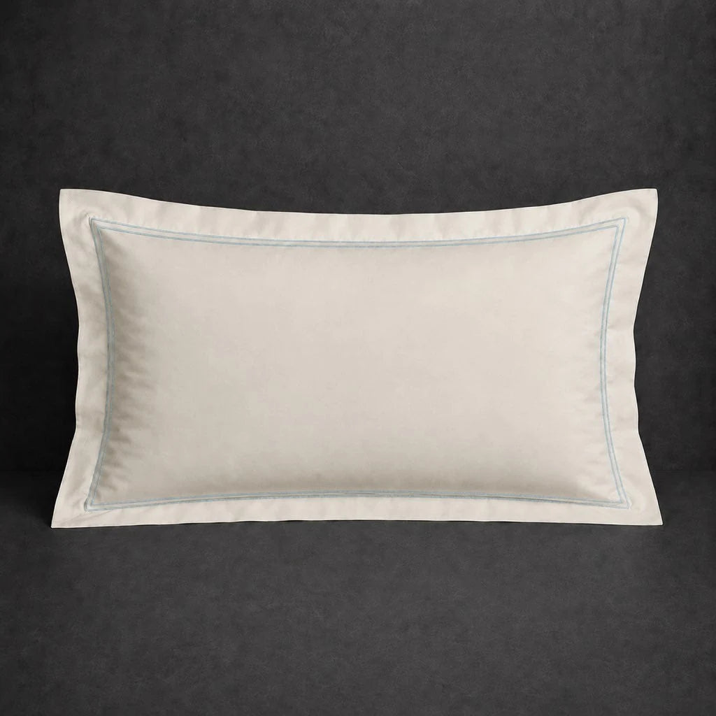Ivory Cream Oxford Pillow Case, Standard and King, with Duck Egg two-row satin stitch - Linen and Co