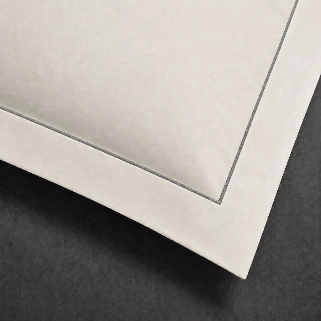 Ivory Cream Oxford Pillow Case with Grey one-row satin stitch - border close-up - Linen and Co