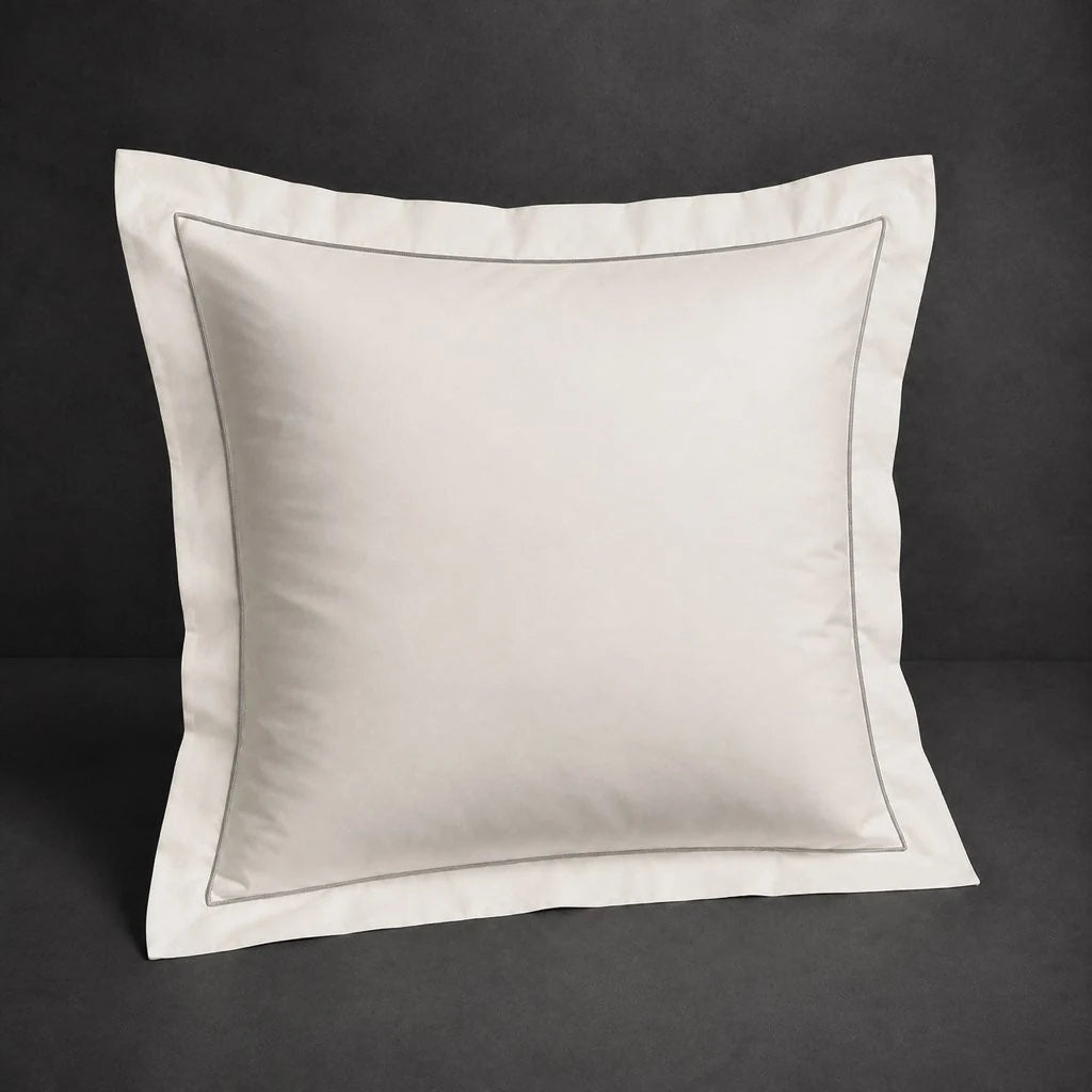 Ivory Cream Oxford Pillow Case, Continental, with Grey one-row satin stitch - Linen and Co