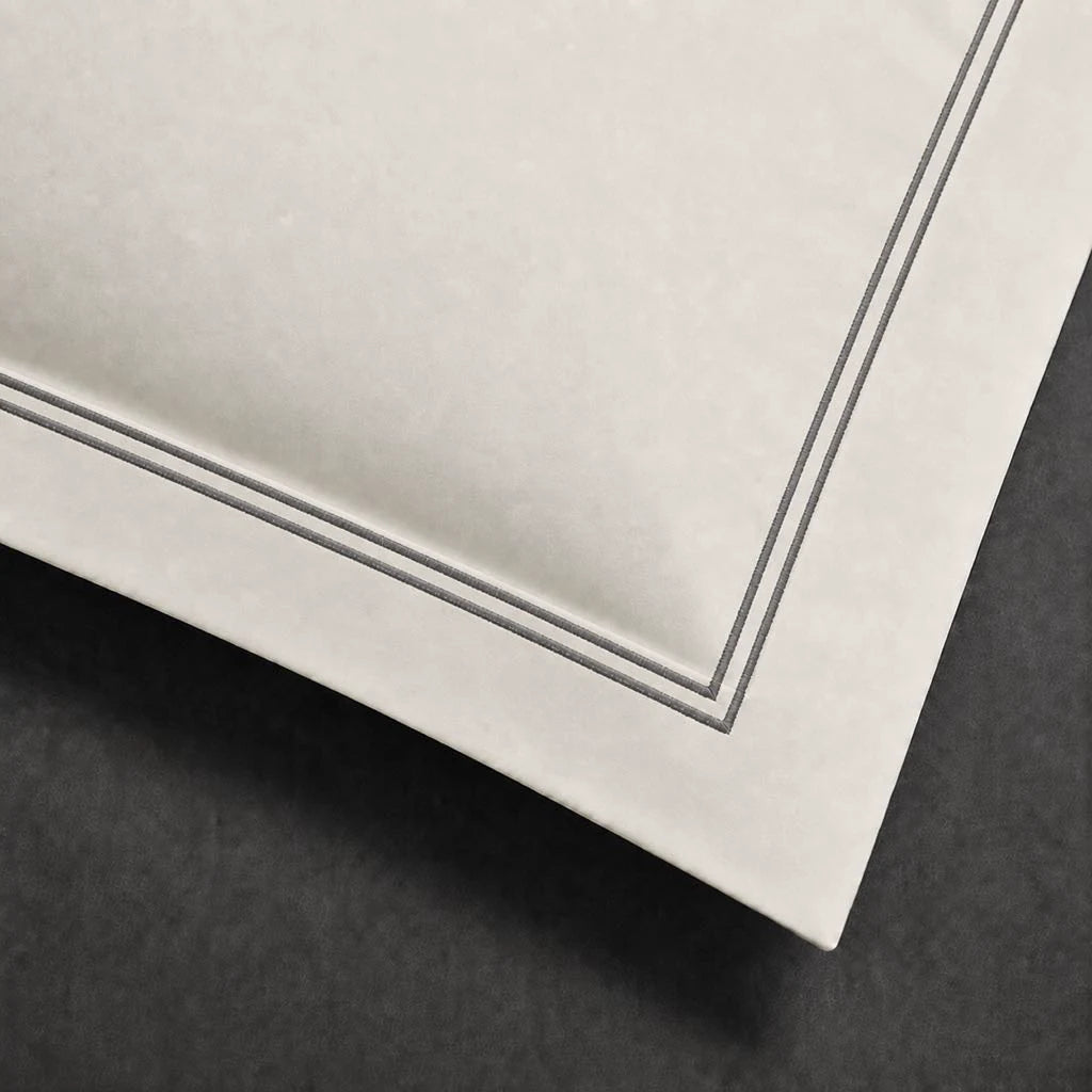Ivory Cream Oxford Pillow Case with Grey two-row satin stitch - border close-up - Linen and Co