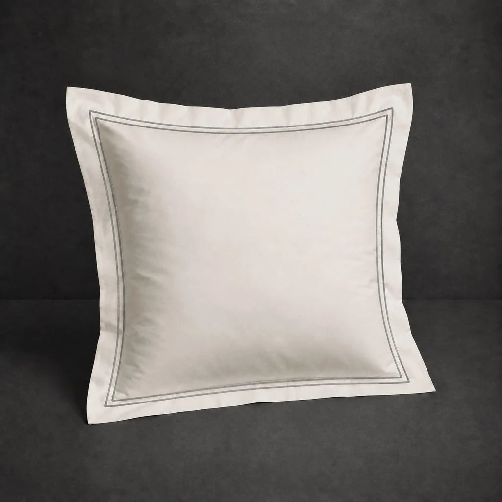 Ivory Cream Oxford Pillow Case, Continental, with Grey two-row satin stitch - Linen and Co