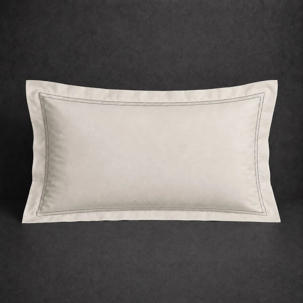 Ivory Cream Oxford Pillow Case, Standard and King, with Grey two-row satin stitch - Linen and Co