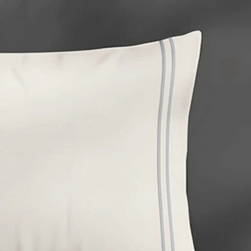 Ivory Cream Plain Pillow Case with Grey two-row satin stitch - border close-up - Linen and Co
