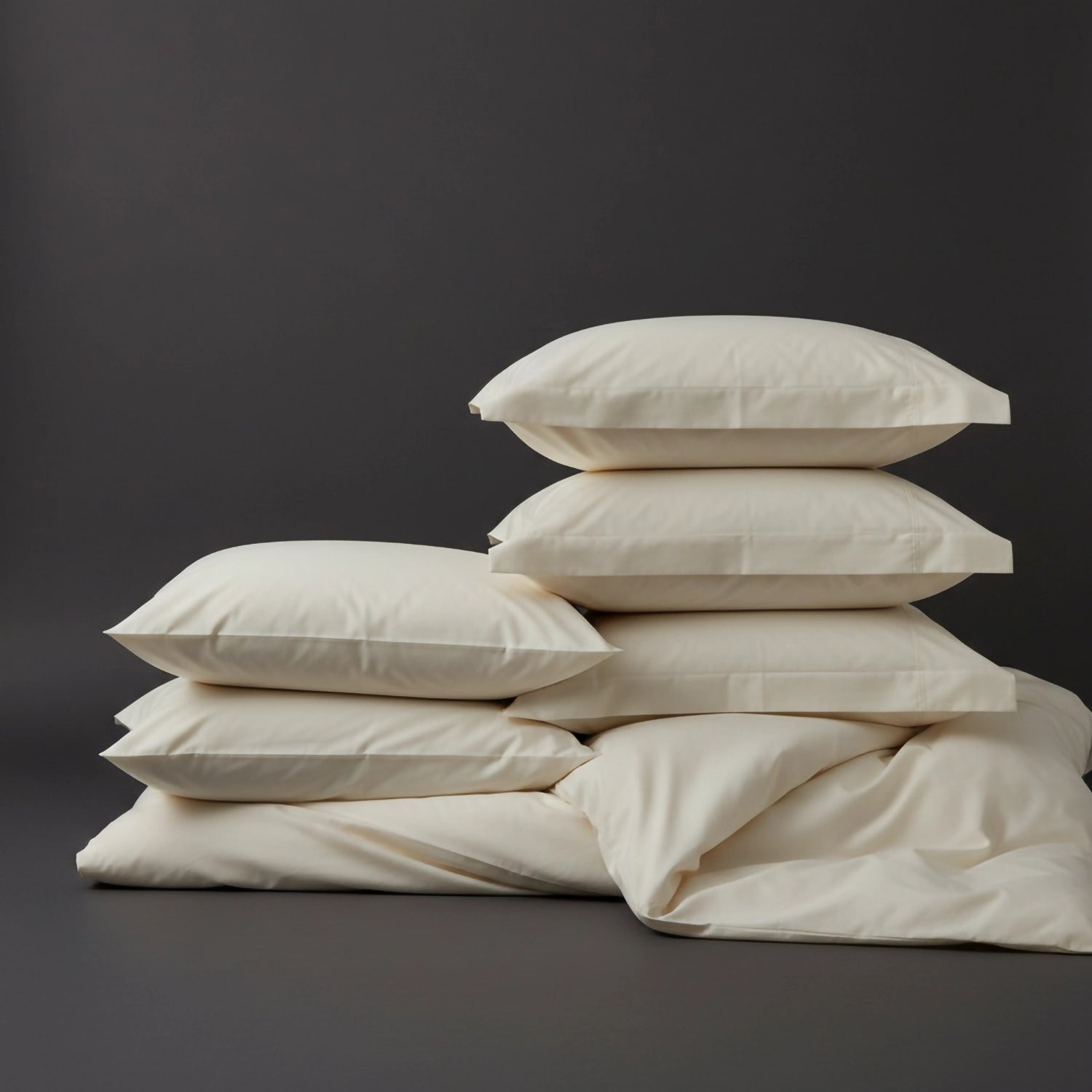 Cream percale bed linen and pillowcases by Linen and Co, stacked to showcase crisp, premium bedding for hospitality and home.