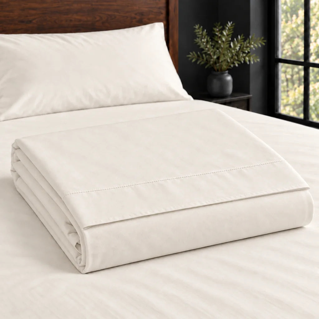 cream polycotton percale 200tc flat sheet, plain no satin stitch — construction — Linen and Co