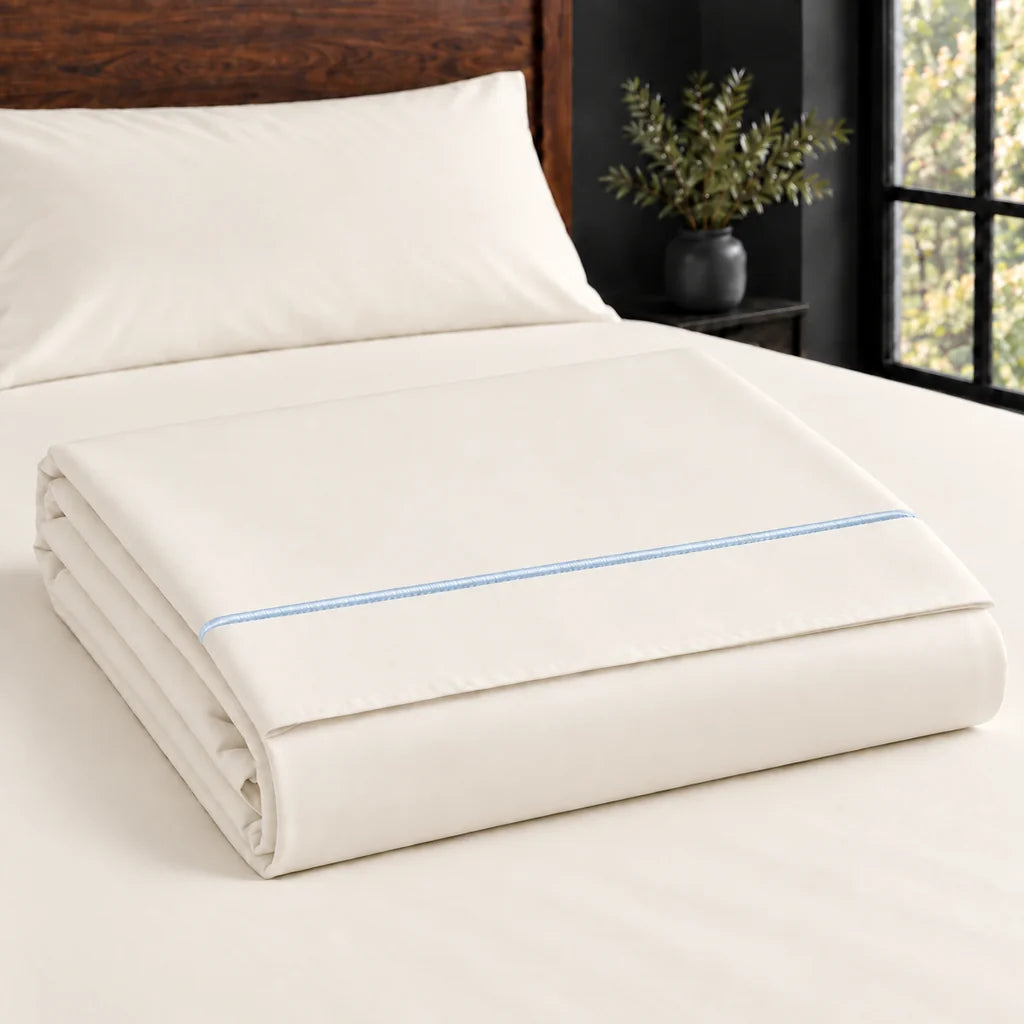 cream polycotton percale 200tc flat sheet, one row duck egg satin stitch — construction — Linen and Co