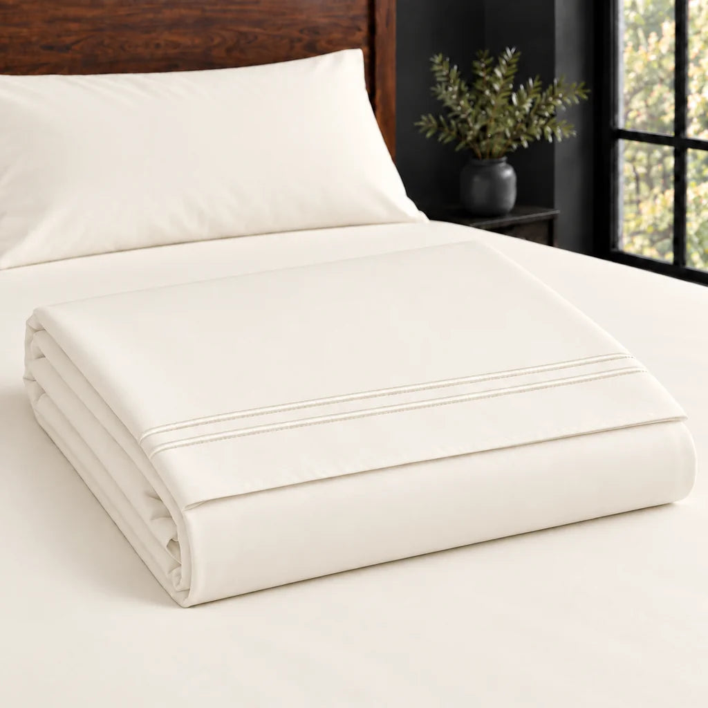 cream polycotton percale 200tc flat sheet, two row cream satin stitch — construction — Linen and Co
